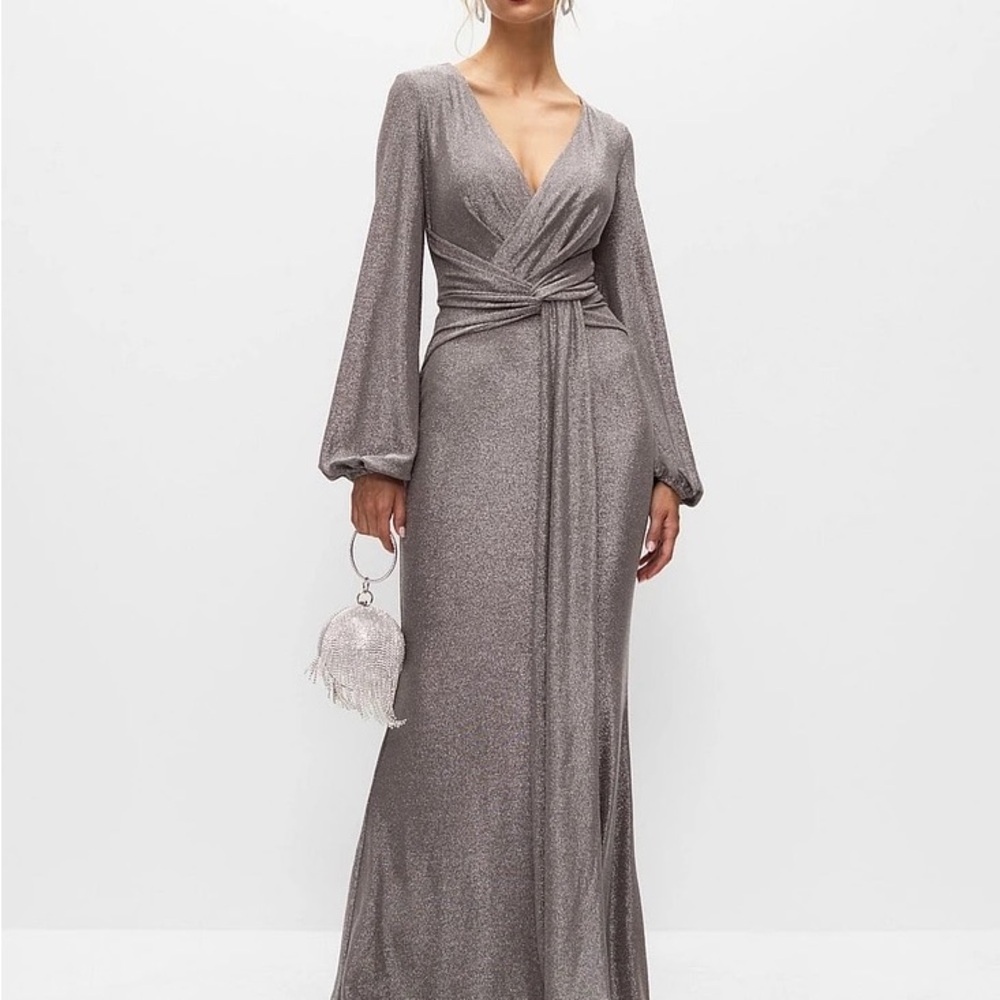 Silver Wrap-Front Long Sleeve Evening Dress
